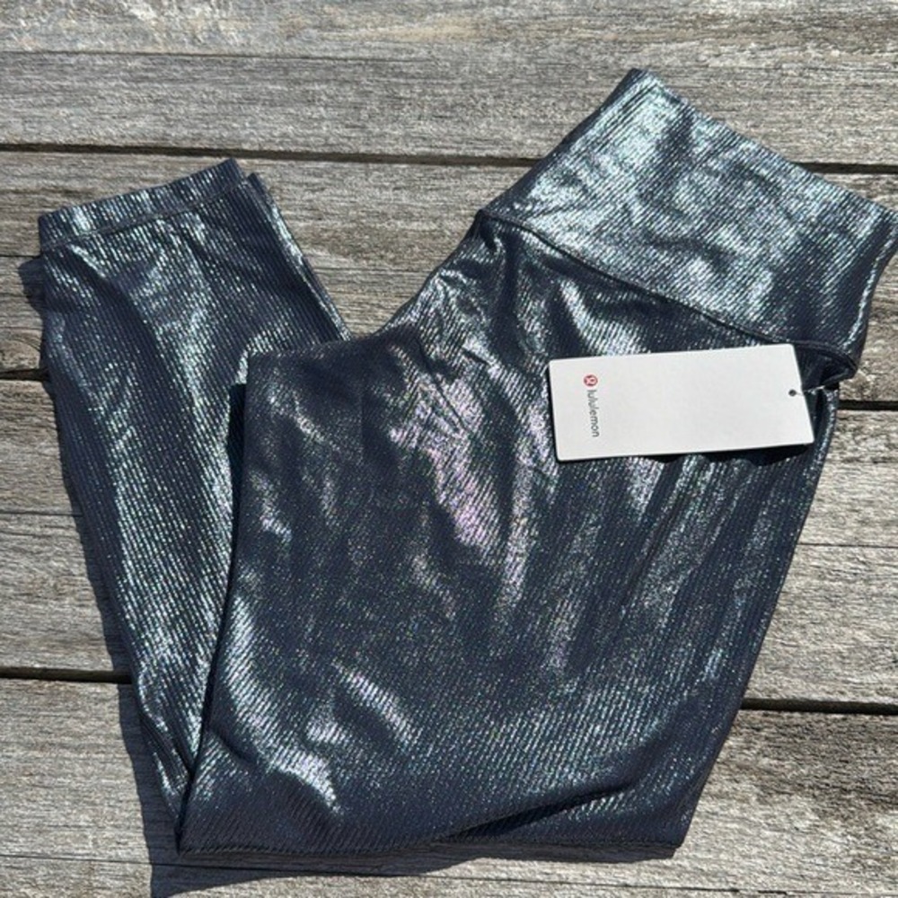 Lululemon Align High-Rise Ribbed Pant 25" Shine Foil  Black Night size‎ 14 NWT